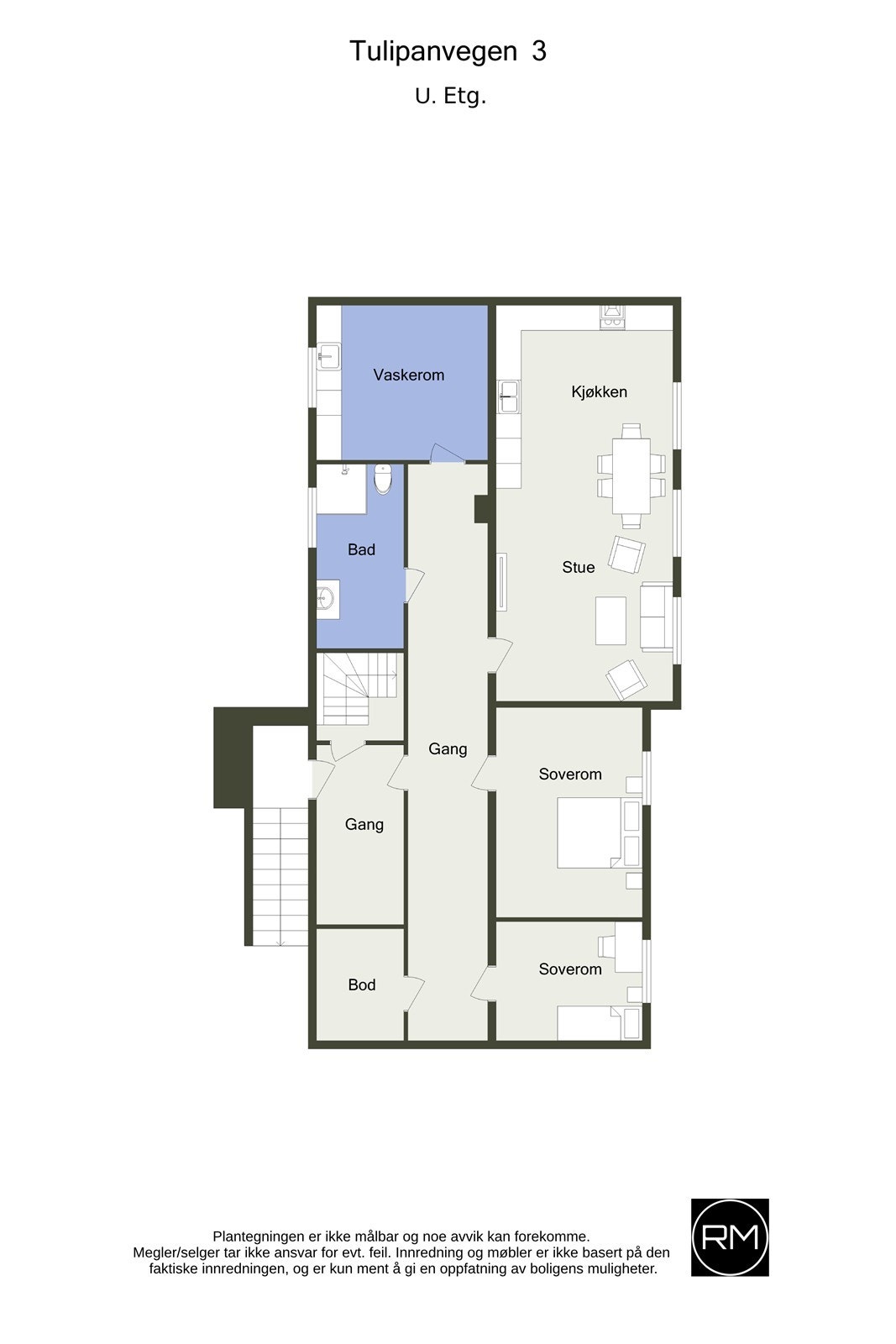 Plantegning U-etasje. Merk at det ikke foreligger dokumentasjon på alle rommene i underetasjen er godkjent for varig opphold. Galleribilde