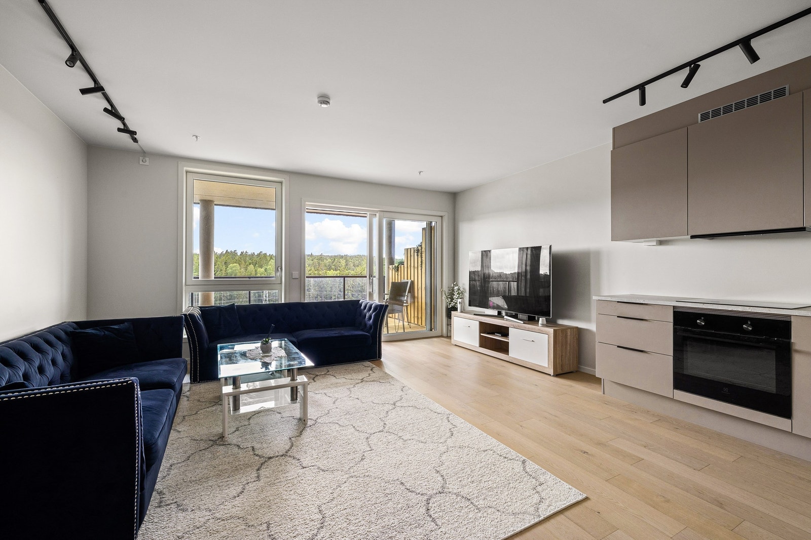 Vel så flott utsikt mot marka sees fra stuen, som attpåtil er uten innsyn. Galleribilde