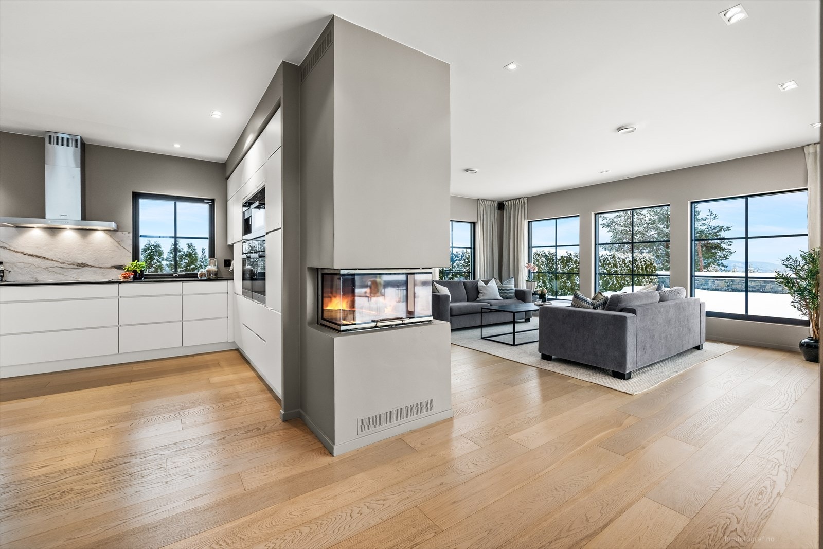 Lekker peis adskiller tv-stuen pent fra kjøkkenet og spisestuen. Galleribilde