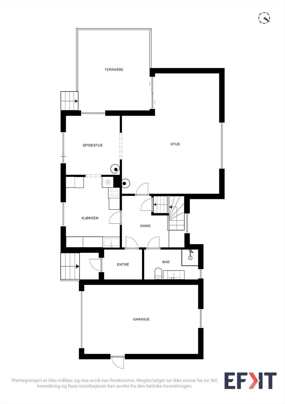 Første etasje har en god planløsning med entré, bad, kjøkken, spisestue og stue. Galleribilde