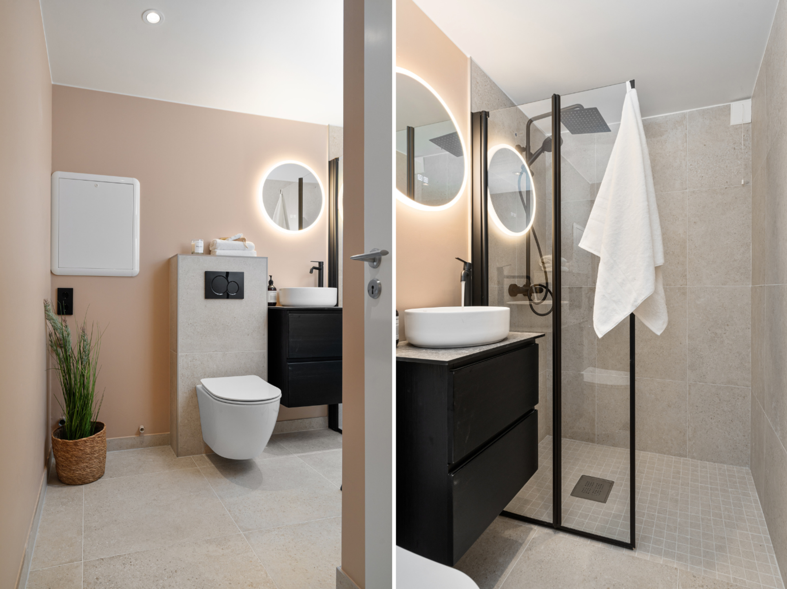 Stilrent og lekkert baderom med fliser, varme under føttene og moderne detaljer Galleribilde