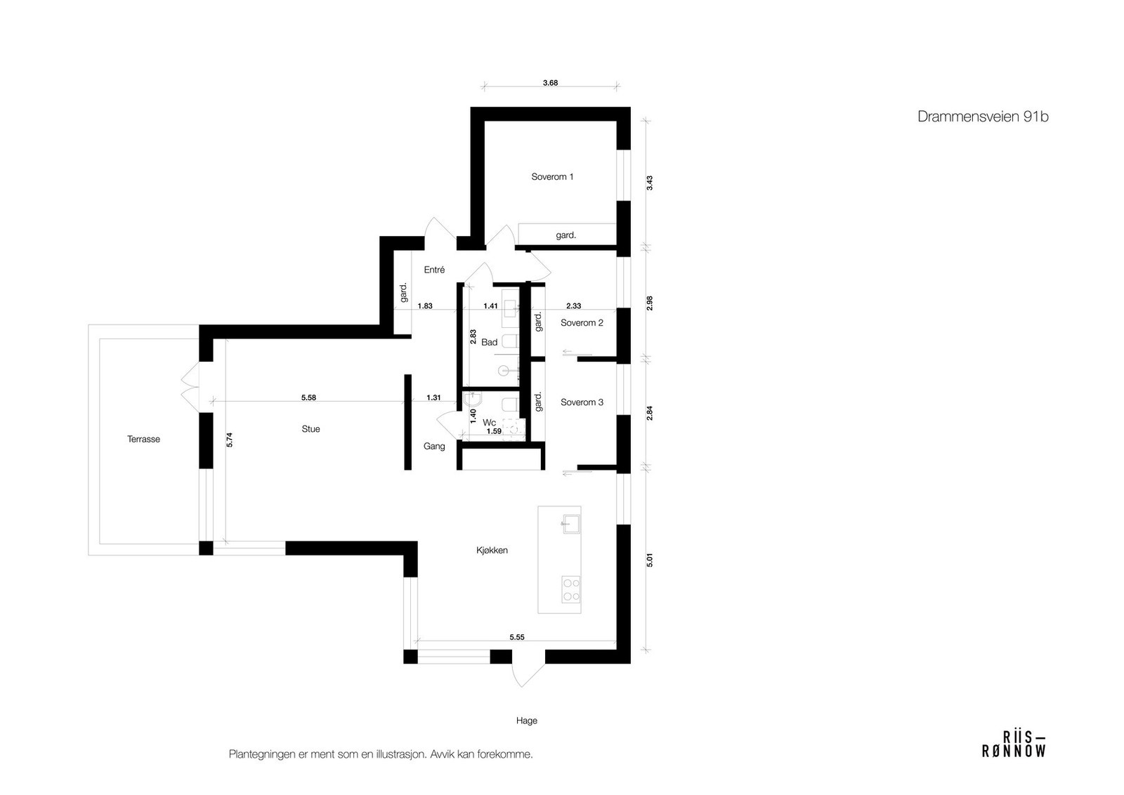 Plantegning. I tillegg disp. leiligheten to utvendige boder og én kjellerbod. Galleribilde