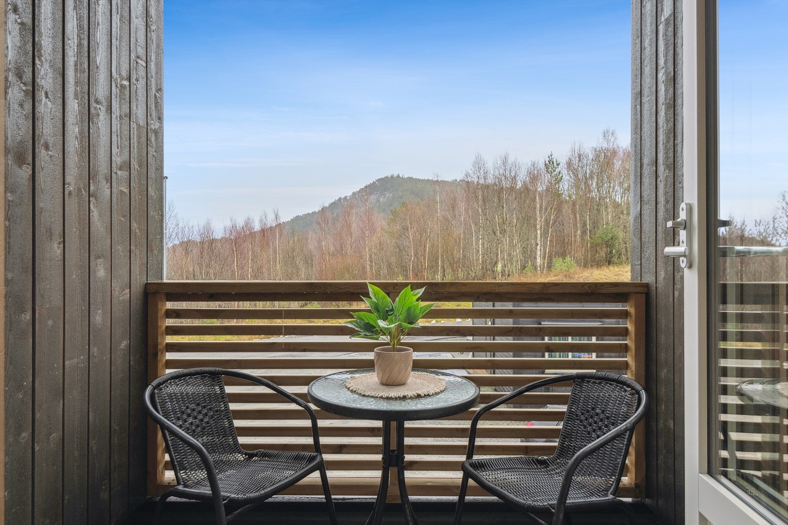 Veranda ut fra kjøkkenet med utsikt mot grøntområder. Galleribilde