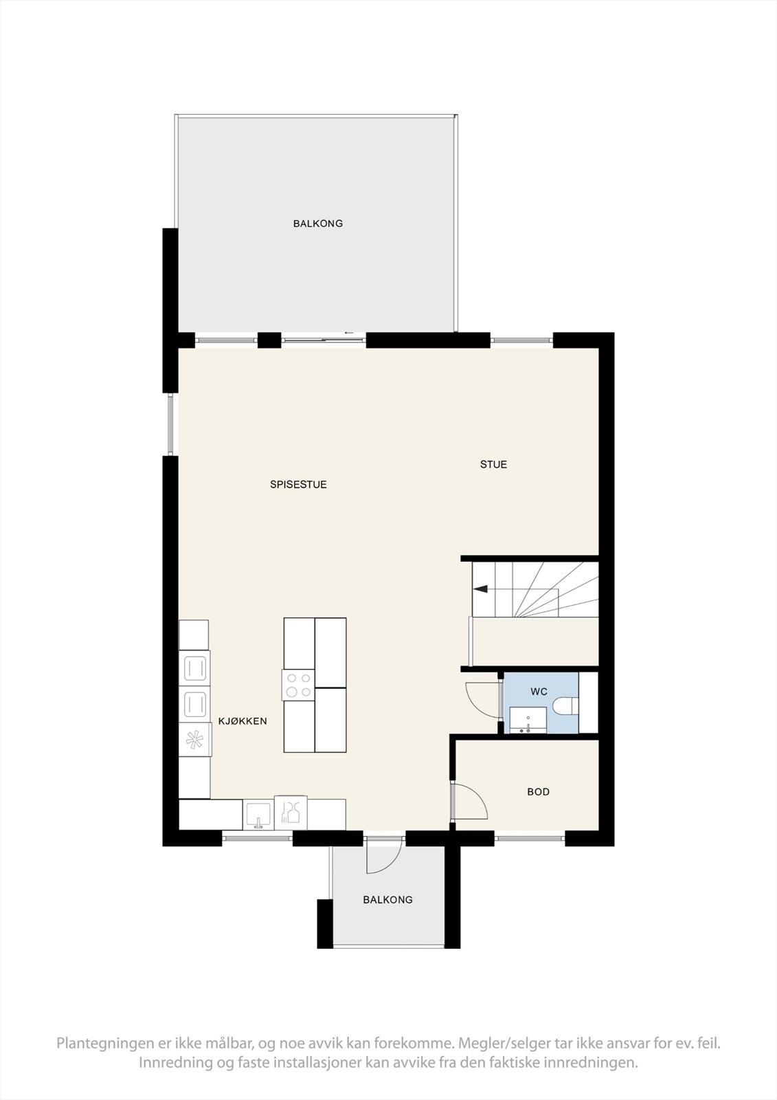 Kjøkkenet har slette fronter og laminat benkeplate med integrerte hvitevarer. Galleribilde