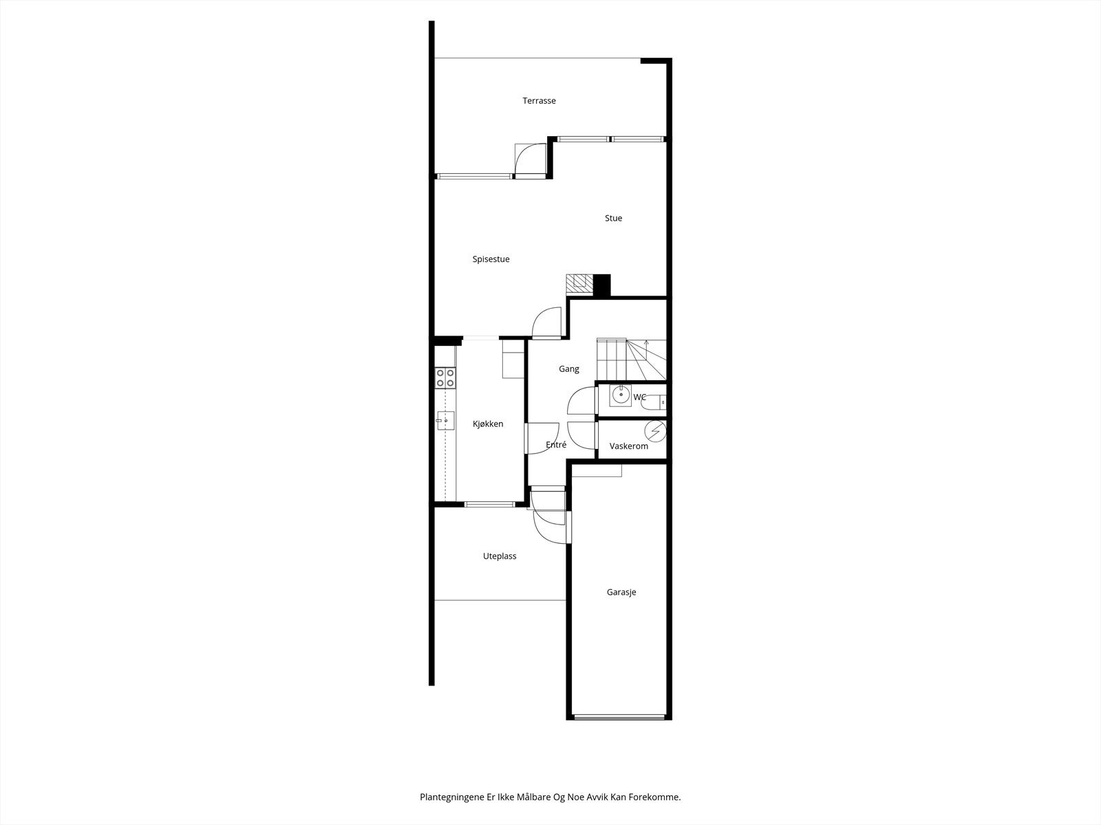 Første etasje har en praktisk planløsning med garasje, vaskerom, wc, kjøkken og stue. Galleribilde