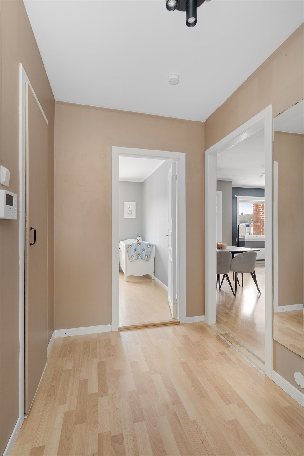 Lys og trivelig entre med inngang til kott for klesoppbevaring og diverse Galleribilde