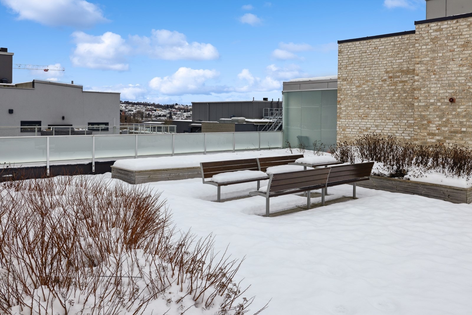 Sameiet har en felles takterrasse som er pent opparbeidet med sittebenker og beplantning hvor sol og sommer kan nytes Galleribilde