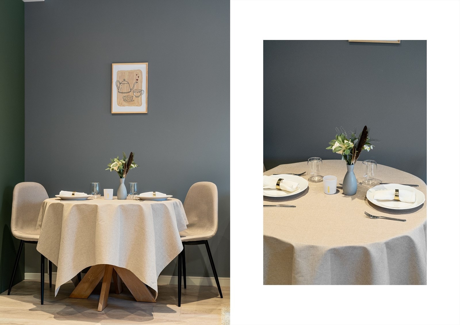 Spiseplassen har en naturlig og hyggelig plassering i rommet, med god plass til spisebord og stoler. Her ligger alt til rette for både hverdagsmåltider og sosiale sammenkomster. Galleribilde