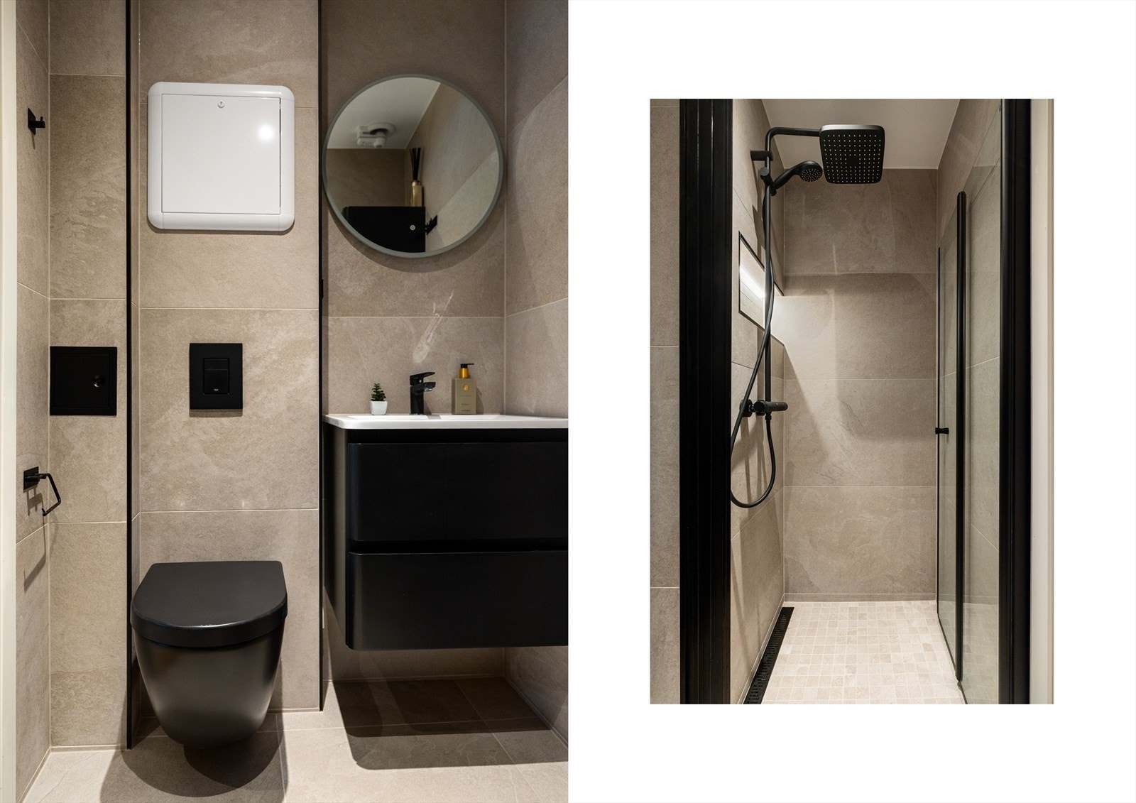 Badet har en moderne og funksjonell innredning med veggmontert dusjløsning med glassdører, servant med underskap, speil med integrert belysning samt veggmontert wc. Galleribilde