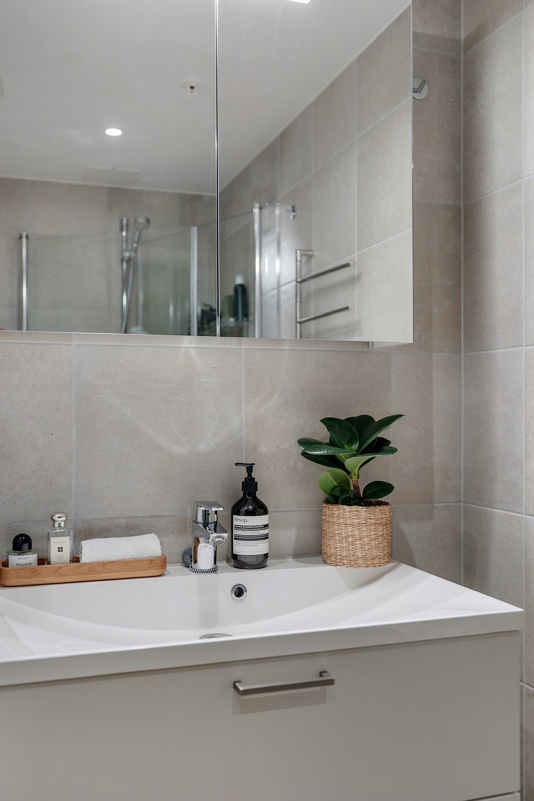 Baderomsinnredningen består av servant med underskap, speilskap med lys over, vegghengt vannklosett, veggmonterte dusjdører i glass og opplegg for vaskemaskin. Galleribilde