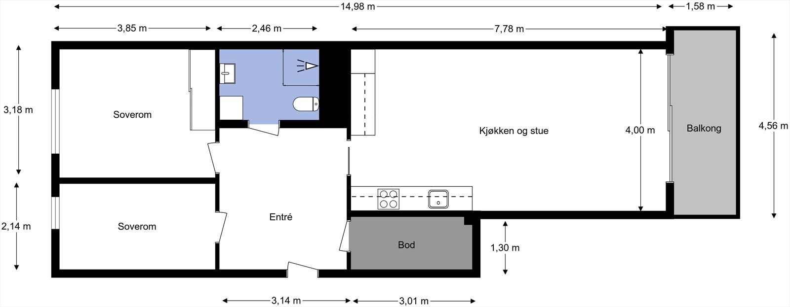 Leiligheten ligger i 3. etasje og inneholder entré, stue/kjøkken, bad, 2 soverom og bod. I tillegg disponerer leiligheten en kjellerbod på ca. 6 m². Galleribilde