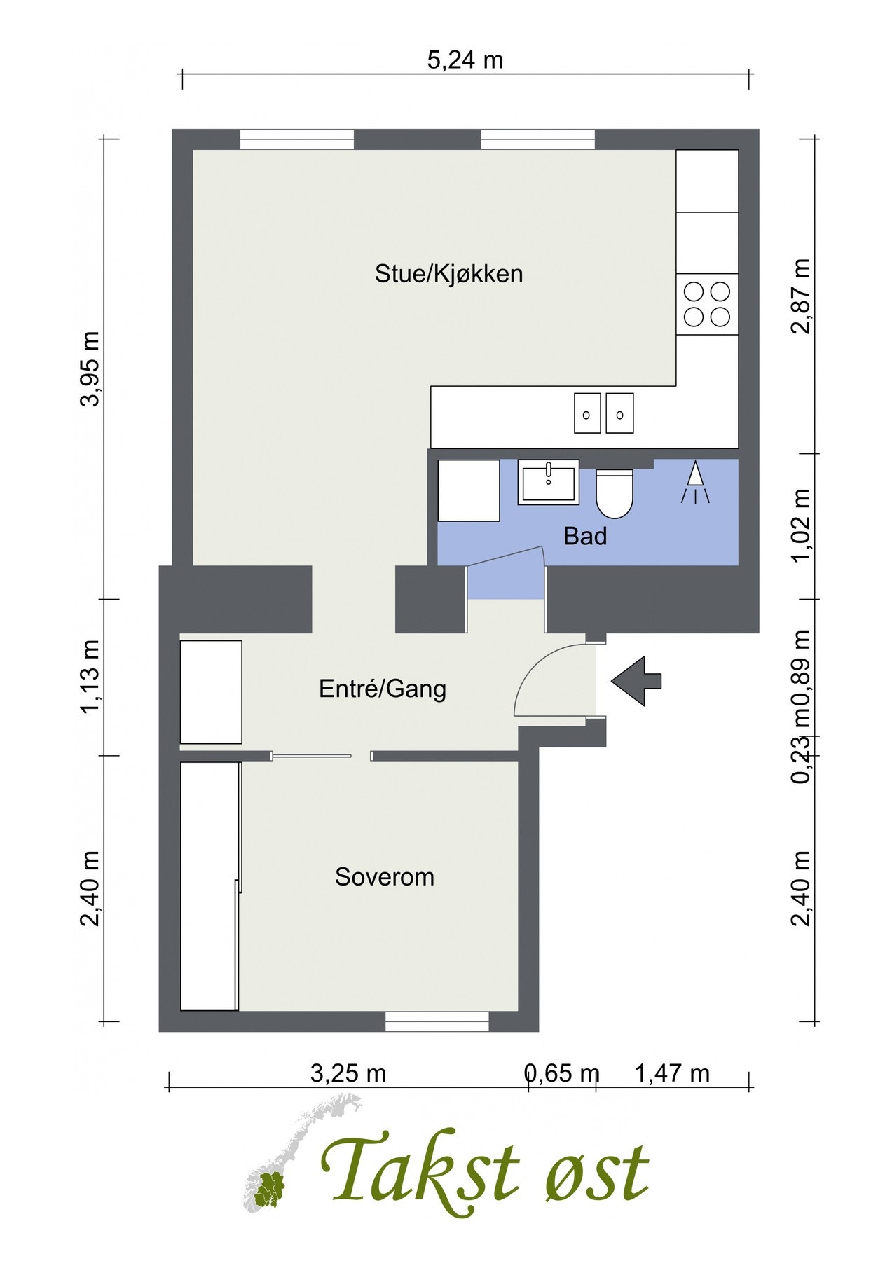 Plantegning. I tillegg disponerer leiligheten en kjellerbod på 8 kvm og en loftsbod på 2,3 kvm. Galleribilde