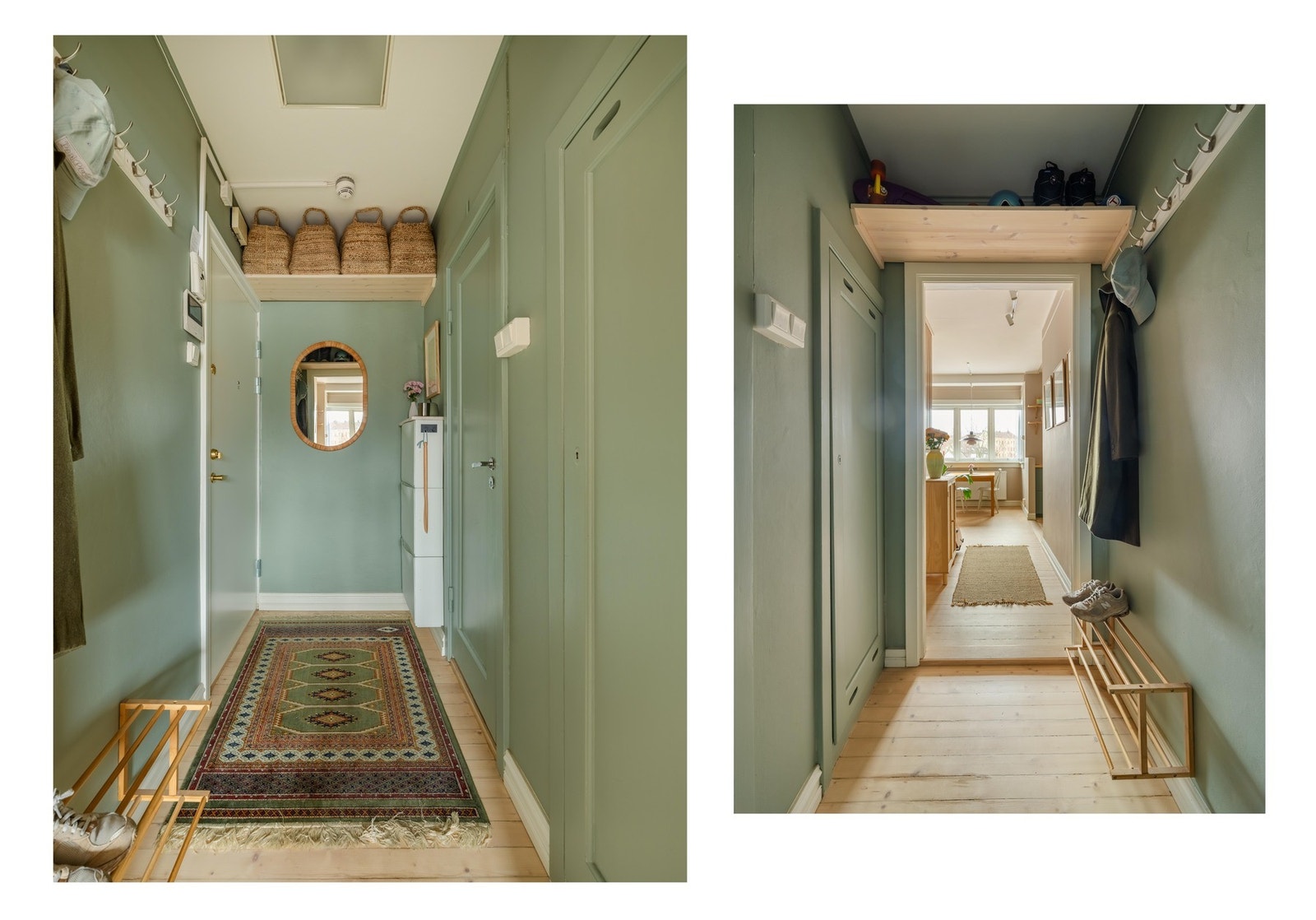 Også her er plassen godt utnyttet med hyller i taket i hver ende. Det er god plass til å henge fra deg yttertøyet, samt inngang til leilighetens andre kott. Galleribilde