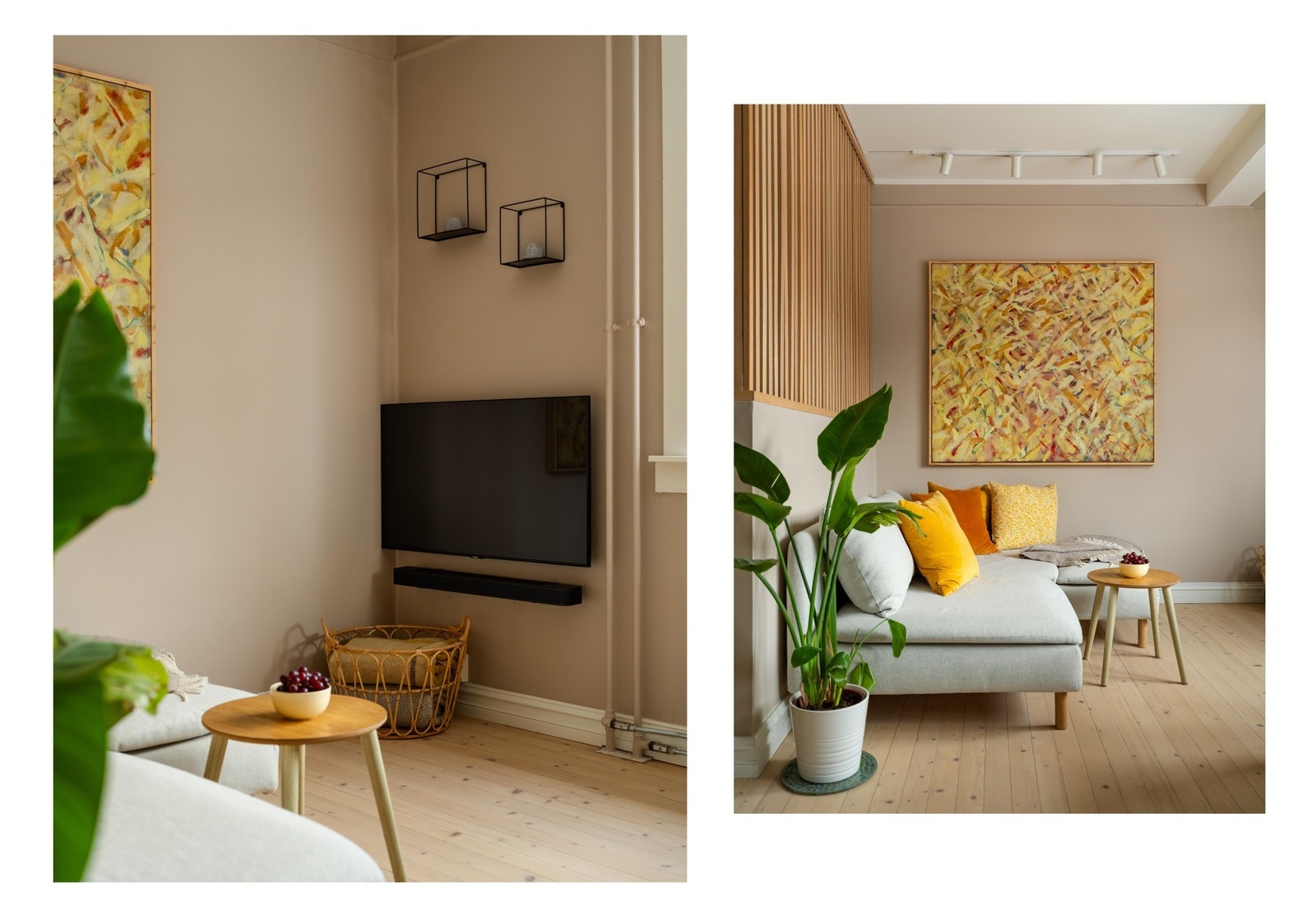 Overflatene i stuen, på kjøkkenet og i entréen er pene og ble i 2023 malt i en tidsriktig fargepalett. Galleribilde