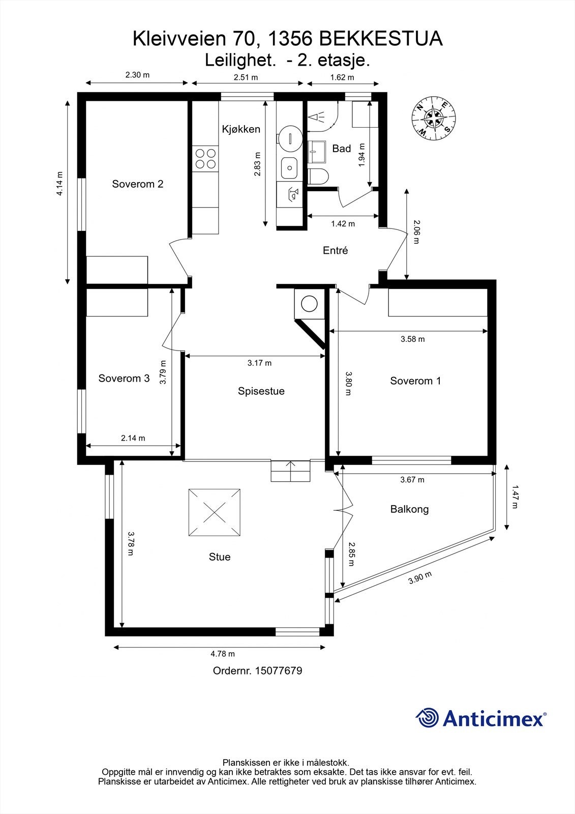 Plantegningen viser en arealeffektiv planløsning med tre soverom, bad og åpen stue- og kjøkkenløsning. Galleribilde