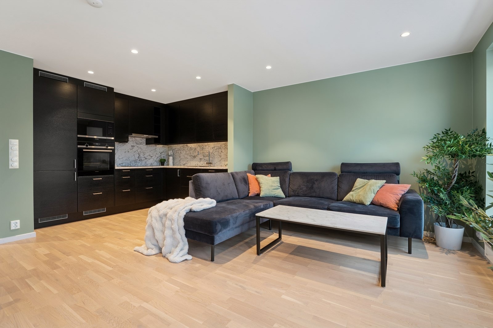 Kjøkkenet er utstyrt med platetopp, komfyr, mikrobølgeovn, oppvaskmaskin, samt kjøleskap og fryser. Galleribilde