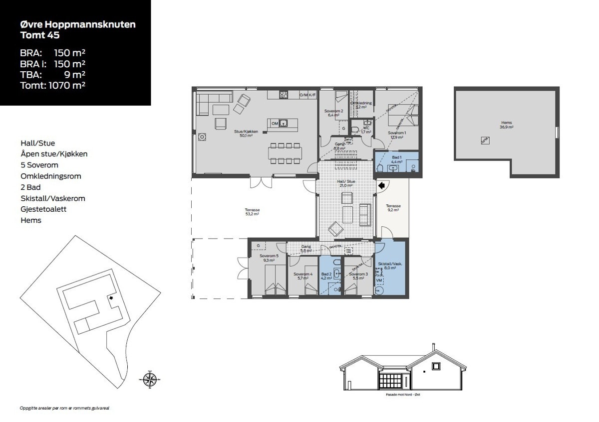 Plantegning tomt 45. Innholdsrik hytte med alt på ett plan. Eget hovedsoverom med privat bad og walk-in. Galleribilde