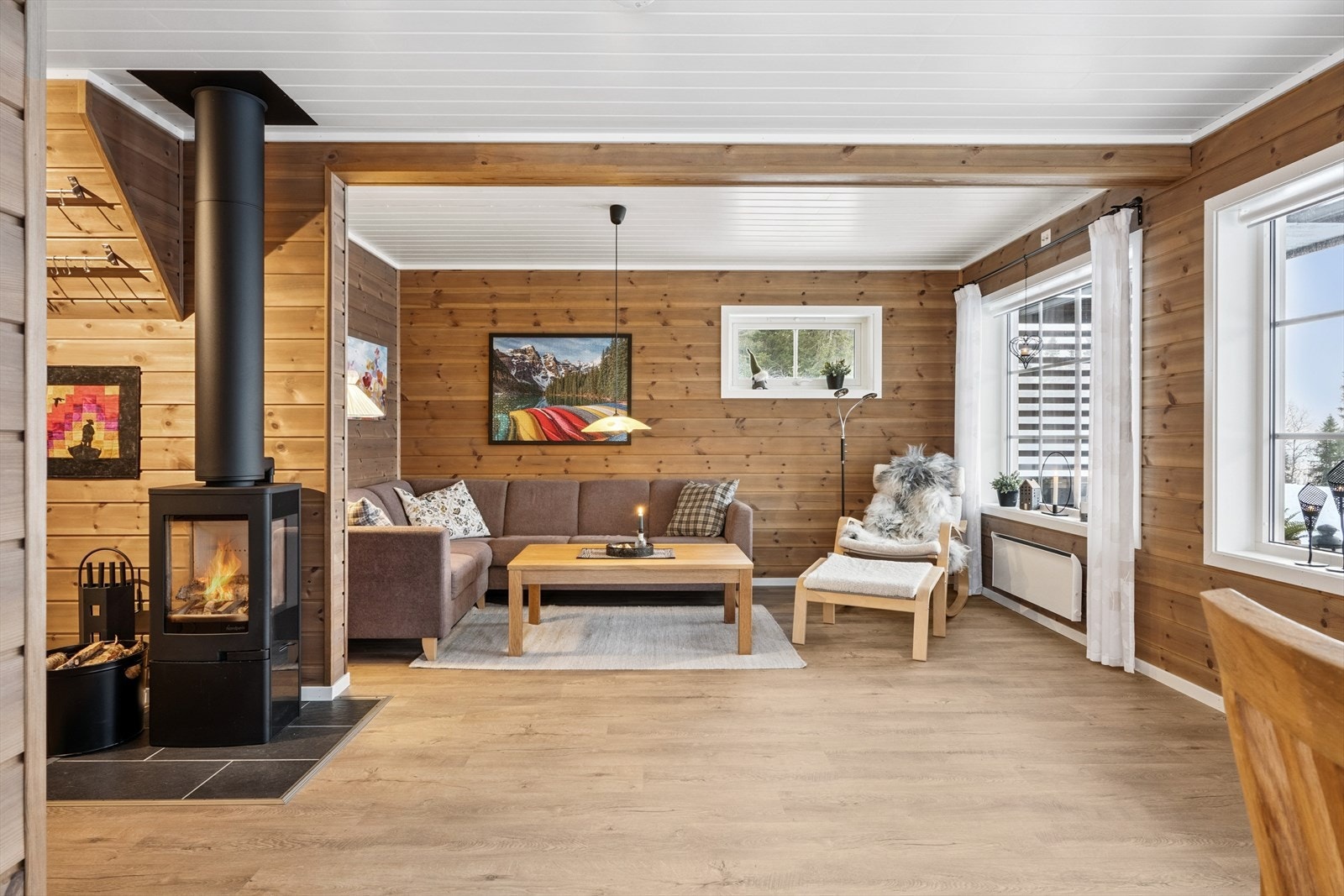 Stue med elektrisk og ved som oppvarming. Galleribilde