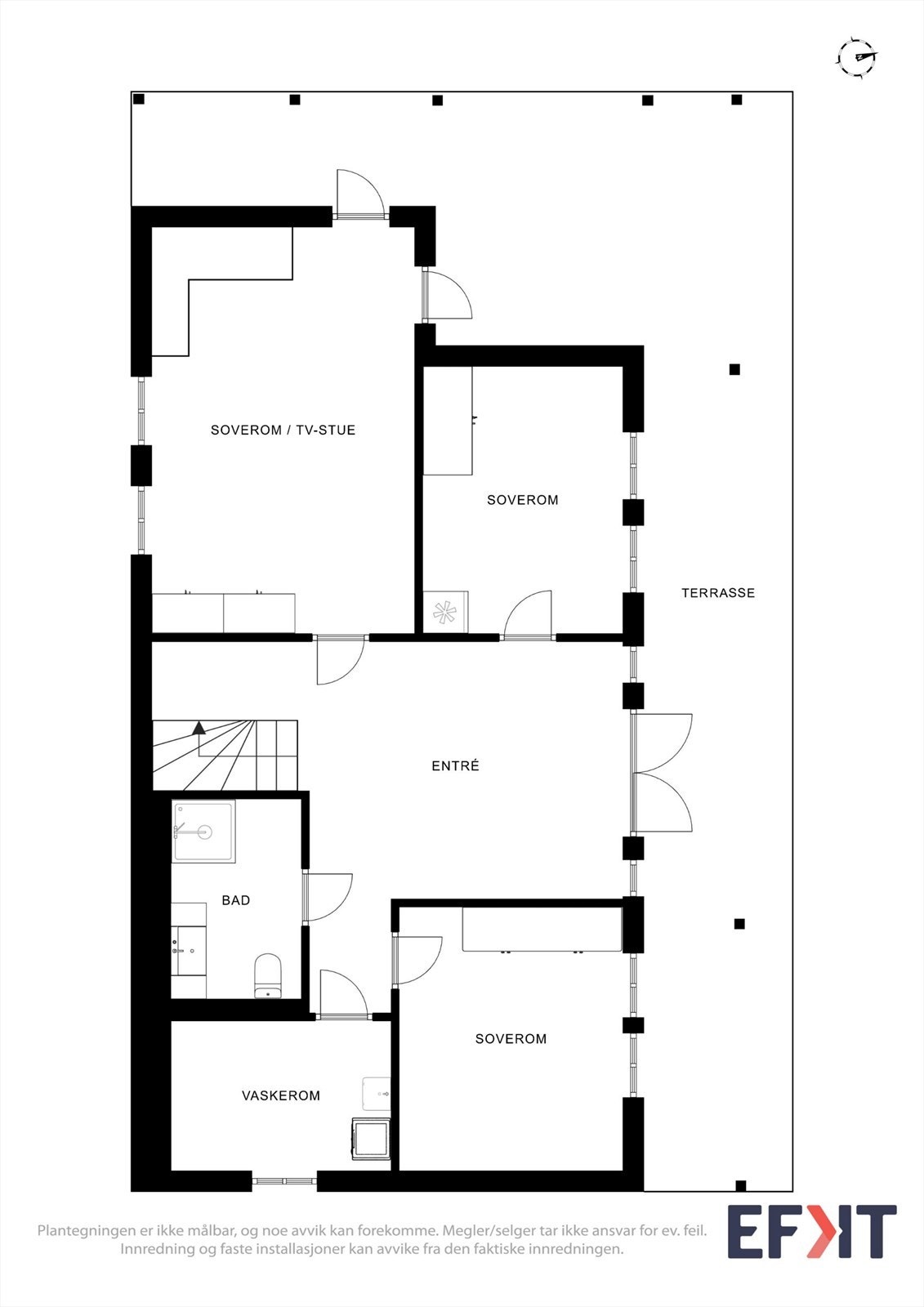 Første etasje har en praktisk planløsning med entré, to soverom, bad og et separat vaskerom. Galleribilde