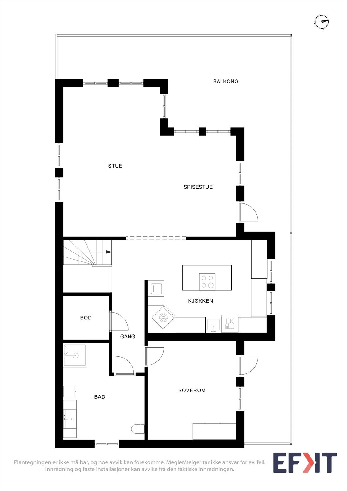 Andre etasje rommer stue, kjøkken, bad, bod og ett soverom, med utgang til en stor balkong. Galleribilde