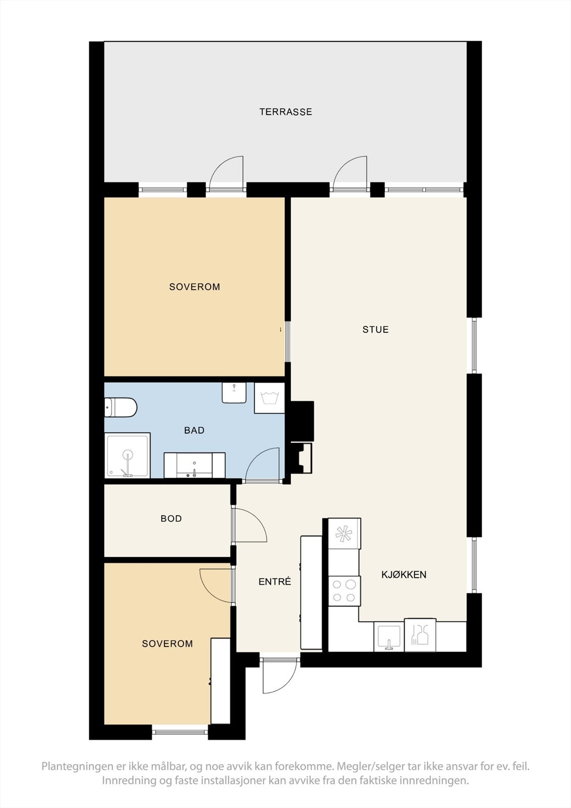 Utgang fra stue og soverom til delvis takoverbygd terrasse på 18 m2. Galleribilde