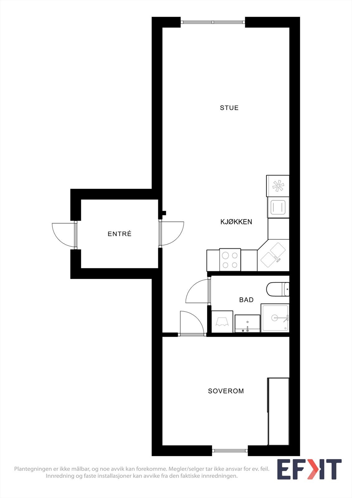 Leiligheten har en arealeffektiv planløsning med åpen løsning mellom stue og kjøkken. Galleribilde