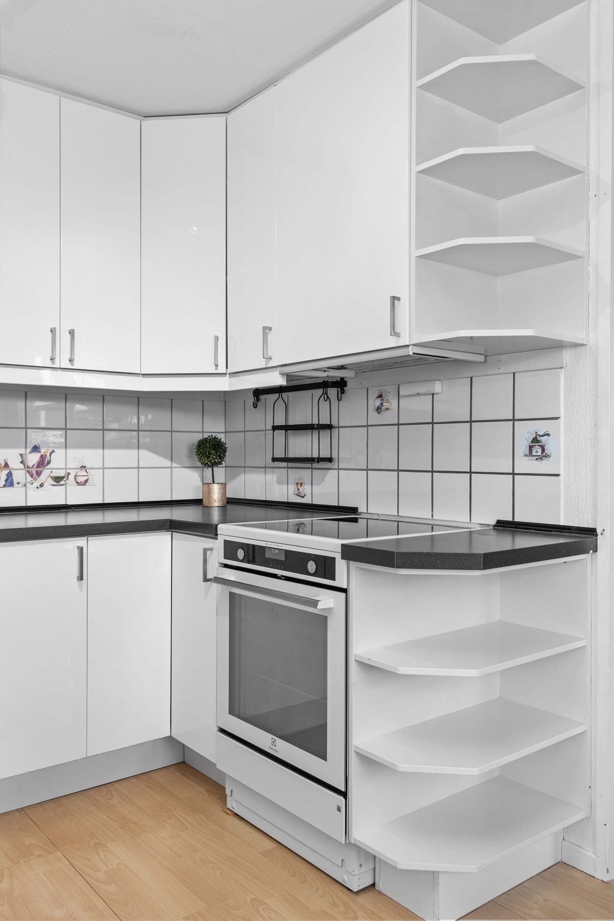 Innredning med mekanisk avtrekksvifte over stekesonen og opplegg for oppvaskmaskin. Galleribilde