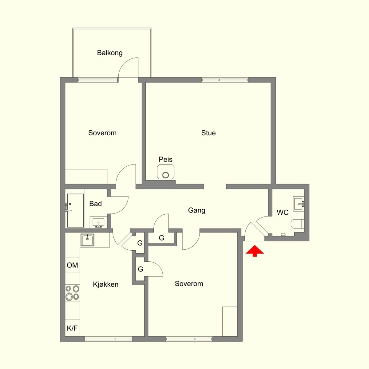 Leiligheten er på 72 kvm, og plantegningen ser slik ut. I tillegg disponerer leiligheten 3 boder utenfor leiligheten. Galleribilde