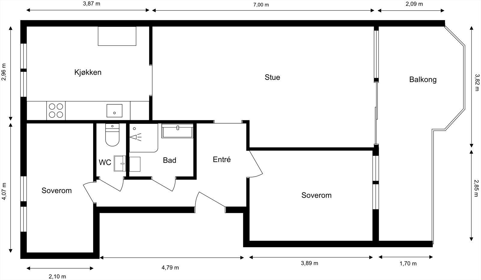 Leiligheten har en praktisk planløsning på 69 m² og rommer entré, to soverom, stue, kjøkken, bad og et separat toalett. Galleribilde