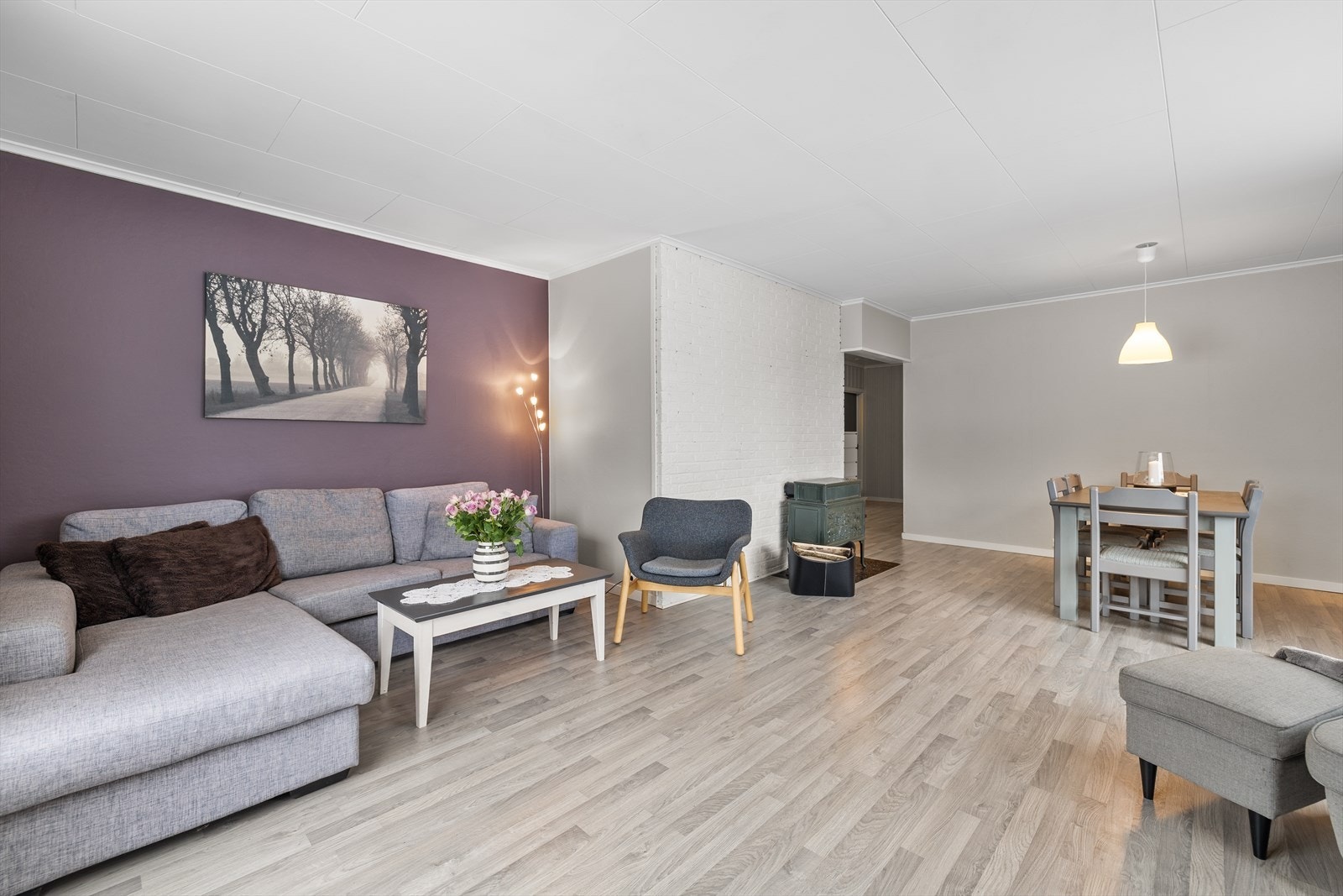 Stuen har både vedovn og varmepumpe. Galleribilde