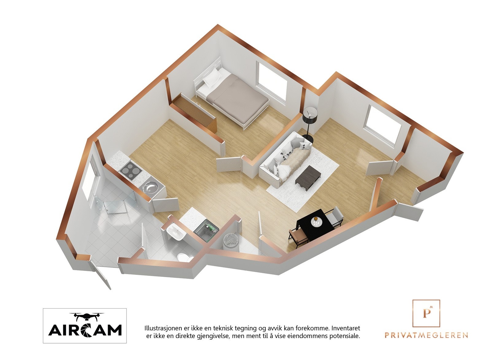 Plantegning i 3D - Badet stemmer ikke med tegningen. Galleribilde