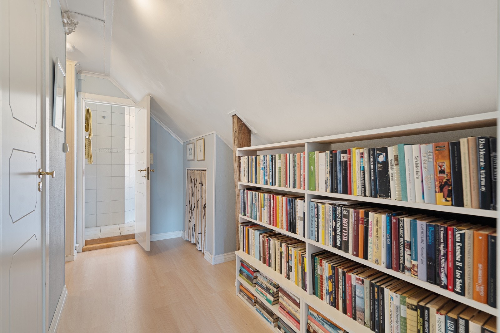 Plassbygget bokhylle med lagring bak Galleribilde