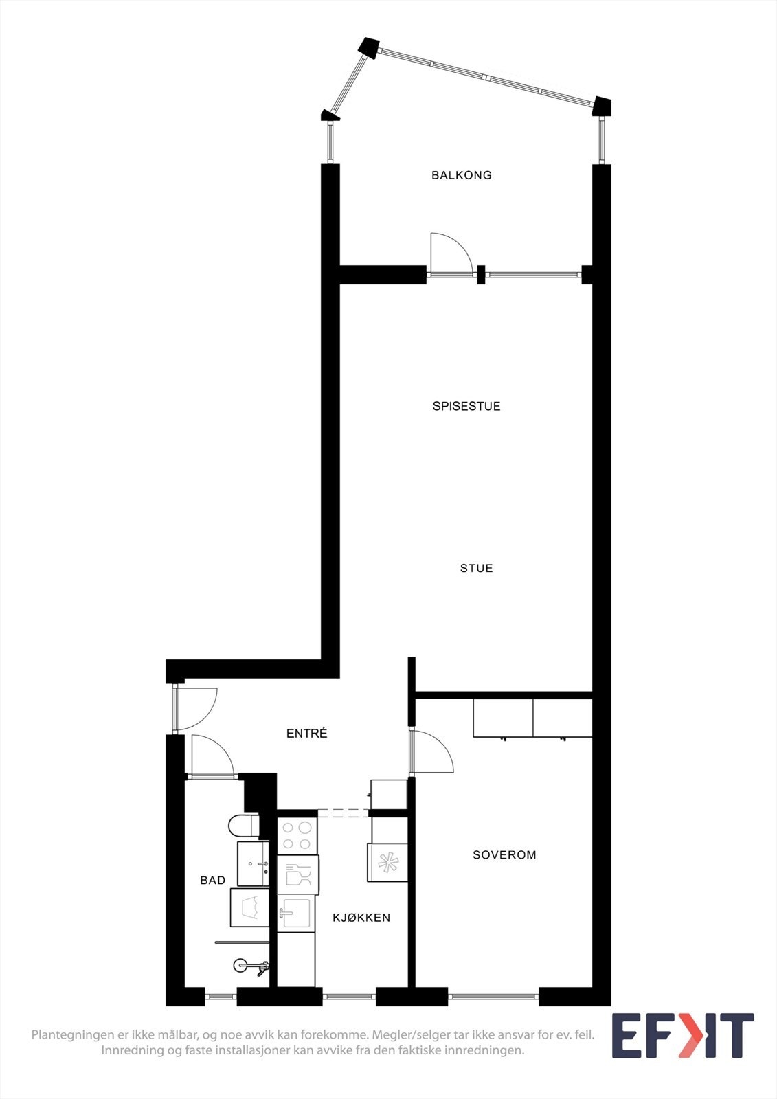 Plantegningen viser en arealeffektiv 2-roms leilighet på 58 m² med en praktisk planløsning. Galleribilde