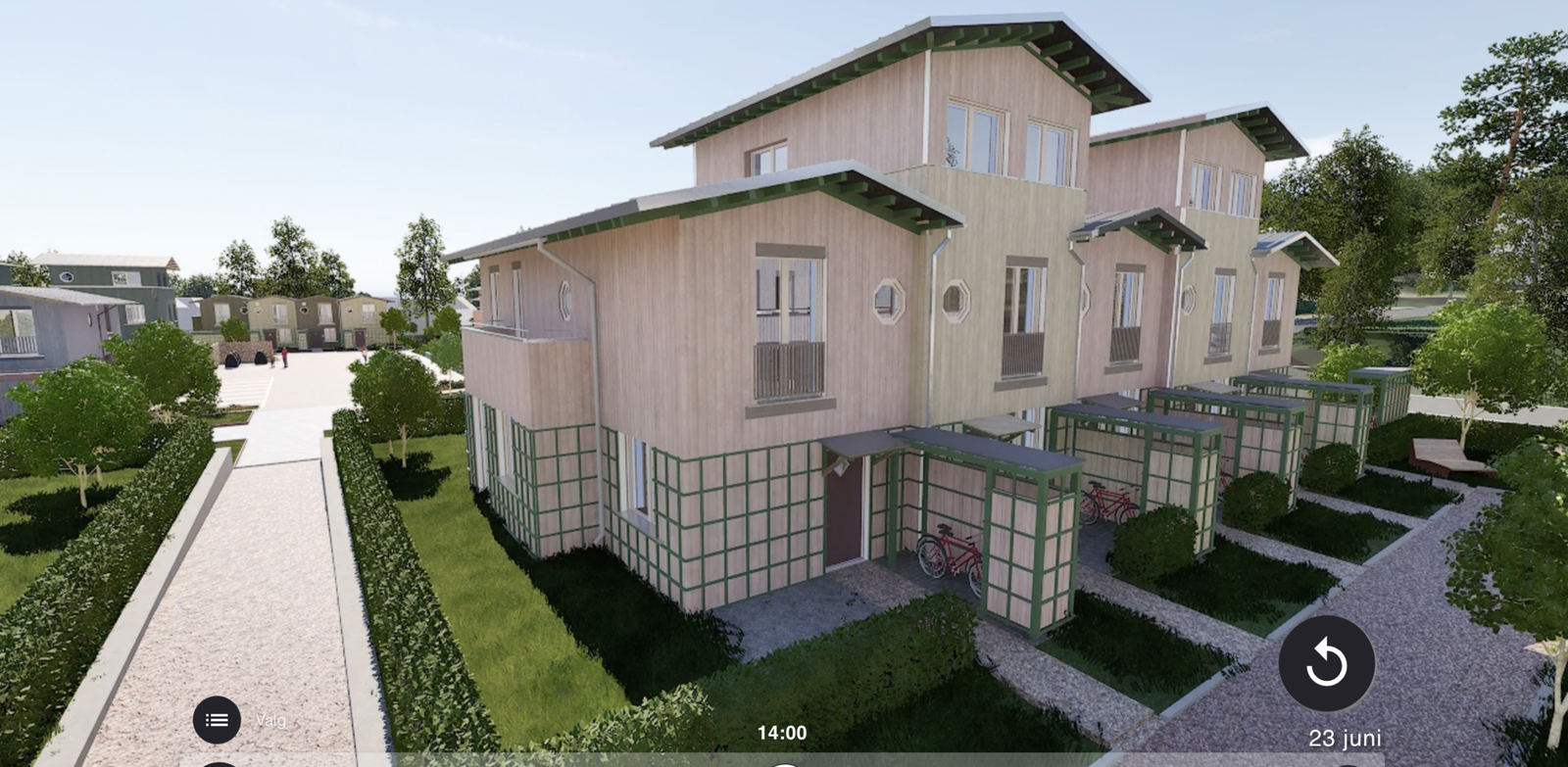 Bildet er tatt fra utbyggers solmodell og viser beliggenheten og utseendet til rekkehuset. Bildet kan avvike fra ferdig leveranse Galleribilde