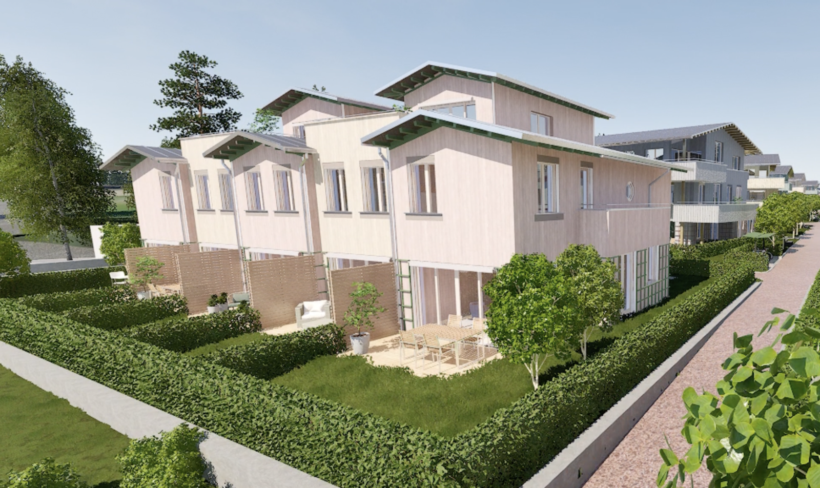 Bildet er tatt fra utbyggers solmodell og viser beliggenheten og utseendet til rekkehuset. Bildet kan avvike fra ferdig leveranse Galleribilde