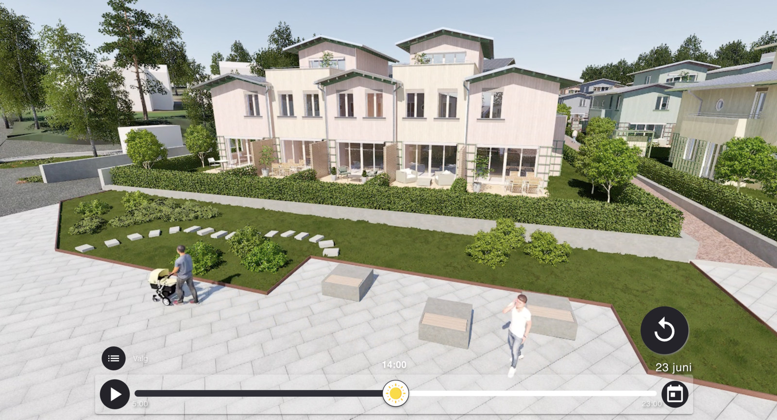 Bildet er tatt fra utbyggers solmodell og viser beliggenheten og utseendet til rekkehuset. Bildet kan avvike fra ferdig leveranse Galleribilde