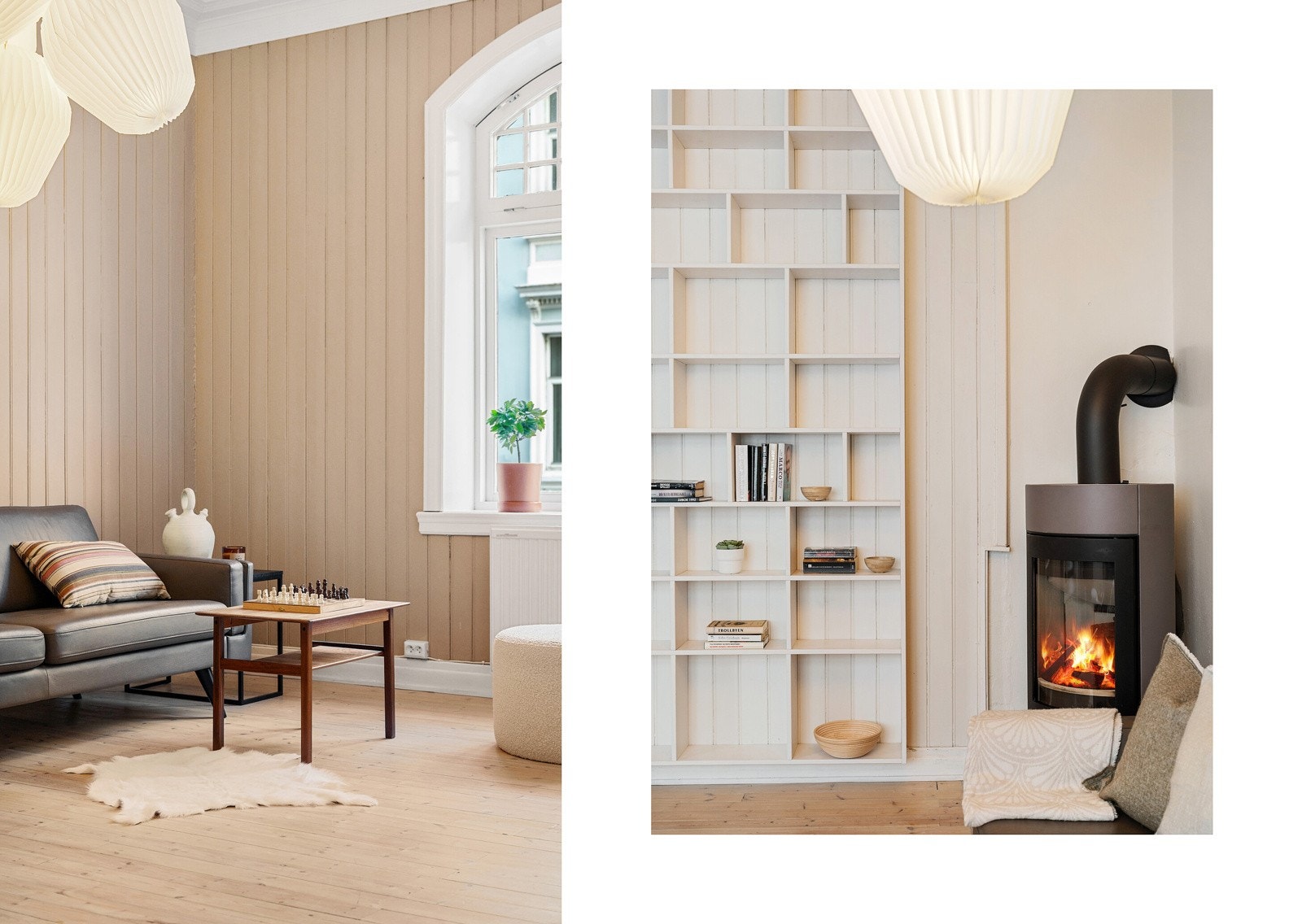 Leiligheten har totalt tre ildsteder, hvorav ildstedet i stuen er fra 2018 og i bruk, mens ildstedene i spisestue og soverom i dag kun benyttes som dekor. Galleribilde