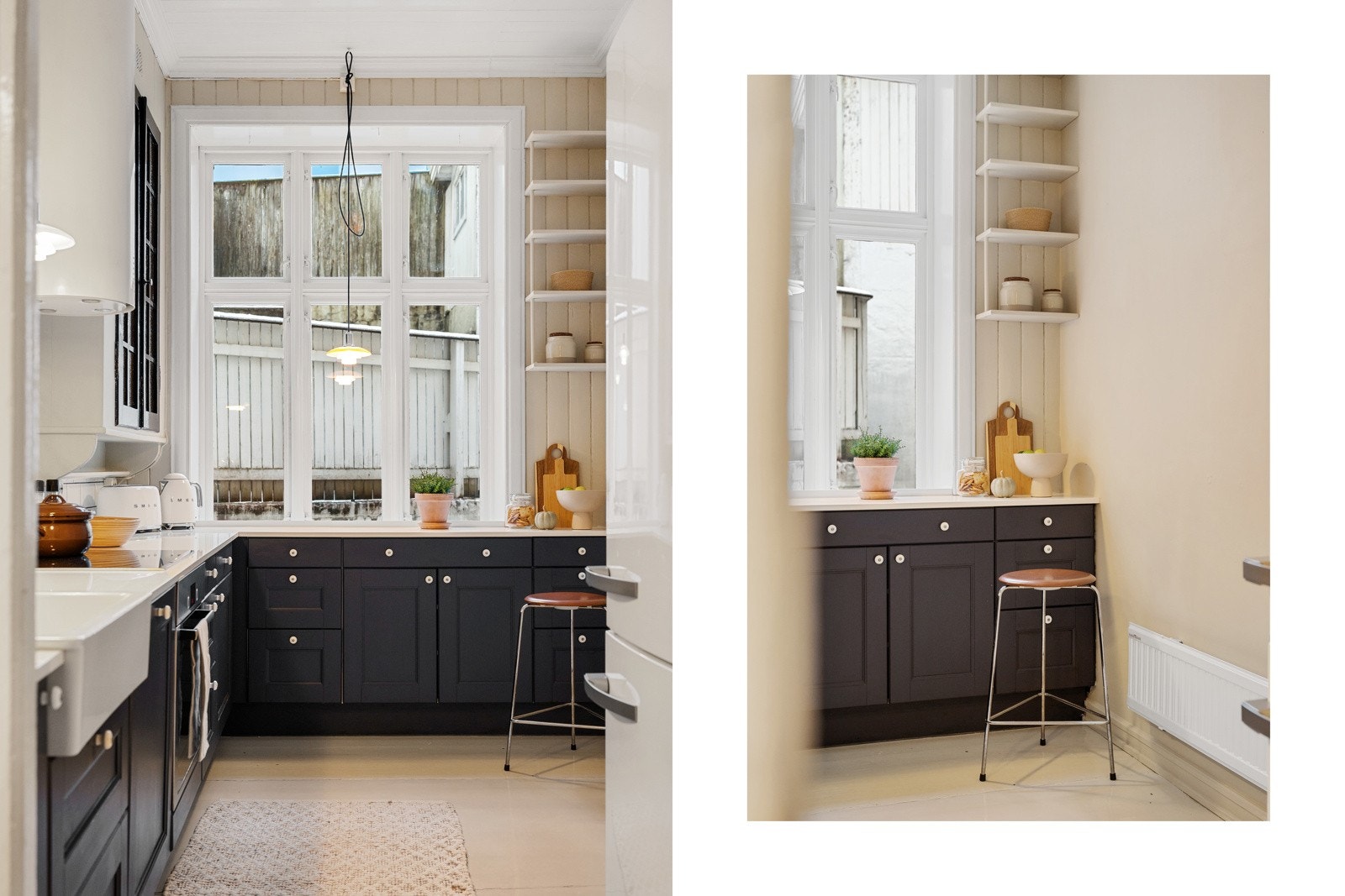 Kjøkkenet er utstyrt med stekeovn og induksjonstopp fra Bosch, oppvaskmaskin samt plass til kjøleskap. Videre er det vegghengt ventilator fra Faber og fliser over benkeplate. Galleribilde