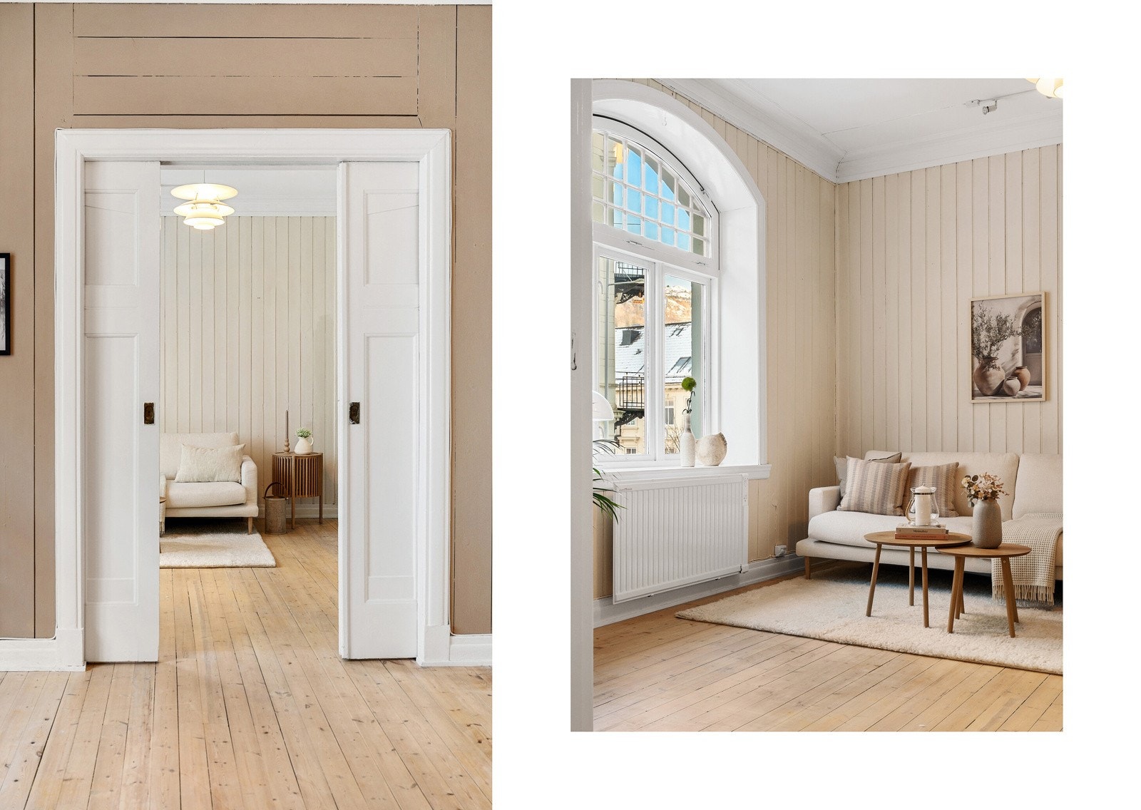 Gjennom de doble dørene fra spisestuen kommer man inn til stuen. Galleribilde