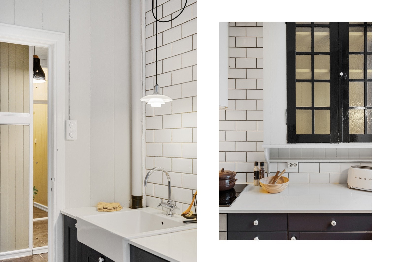 En stor porselensvask med flott blandebatteri gir kjøkkenet et gjennomført og klassisk uttrykk. Galleribilde