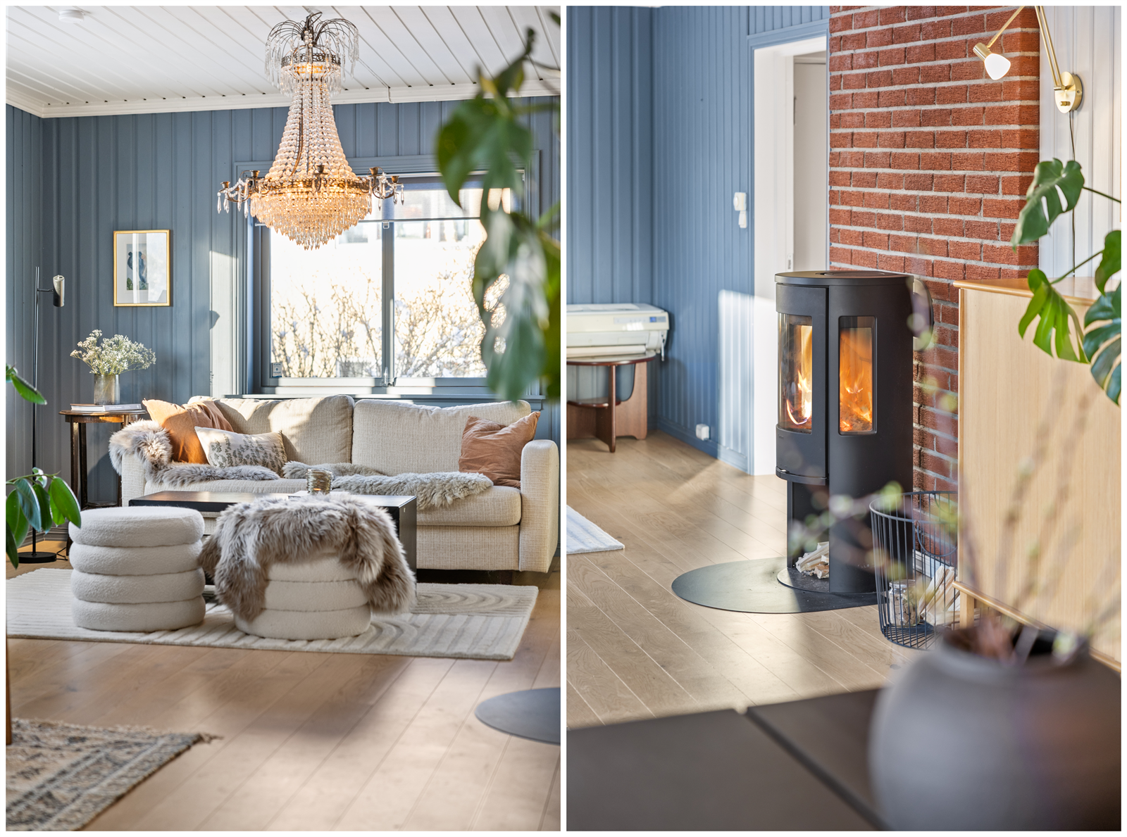 I stuen finner du en koselig peis, som bidrar til varme og hygge på kalde høst- og vinterdager. Galleribilde