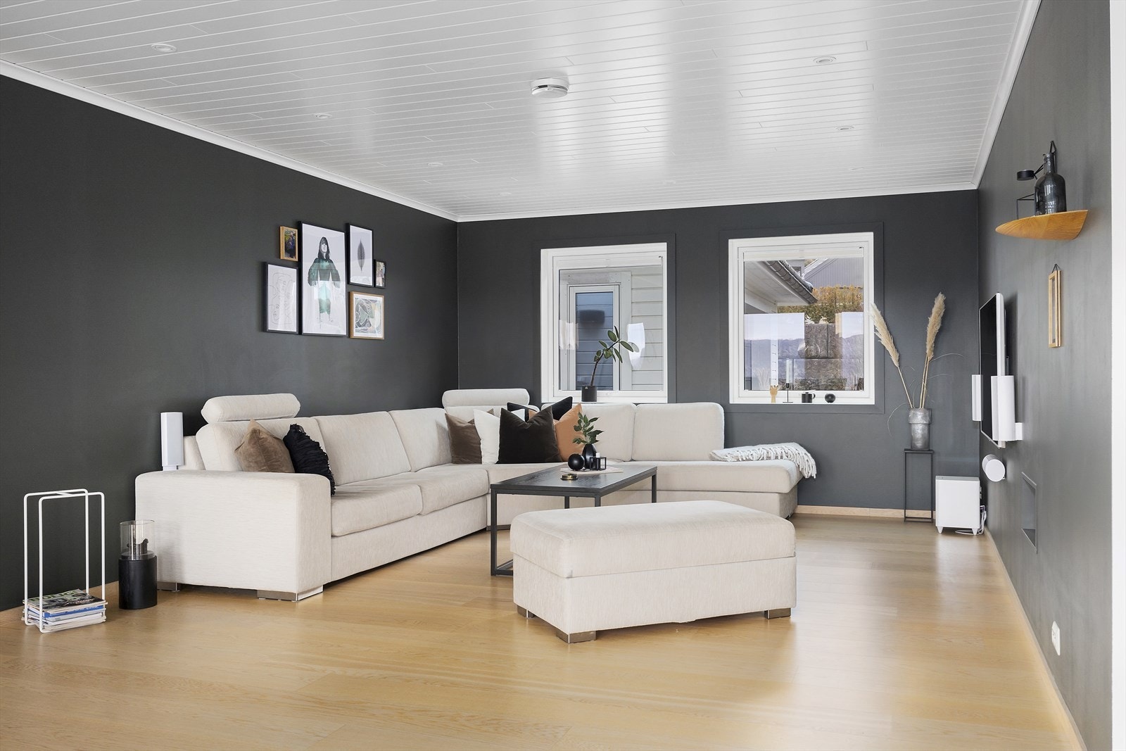 Stuen er romslig med mange møbleringsmuligheter, og tilbyr plass både til ulike sittegrupper og et stort spisebord. Galleribilde