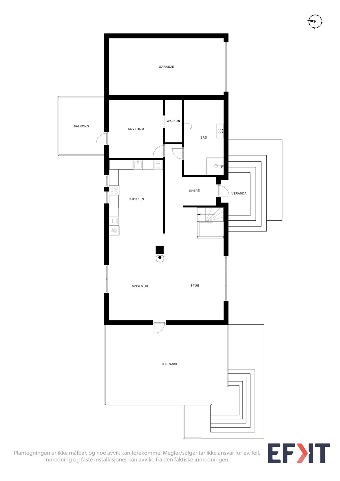 Hovedetasjen har en åpen stue- og kjøkkenløsning, soverom, bad og direkte adkomst til garasjen. Galleribilde