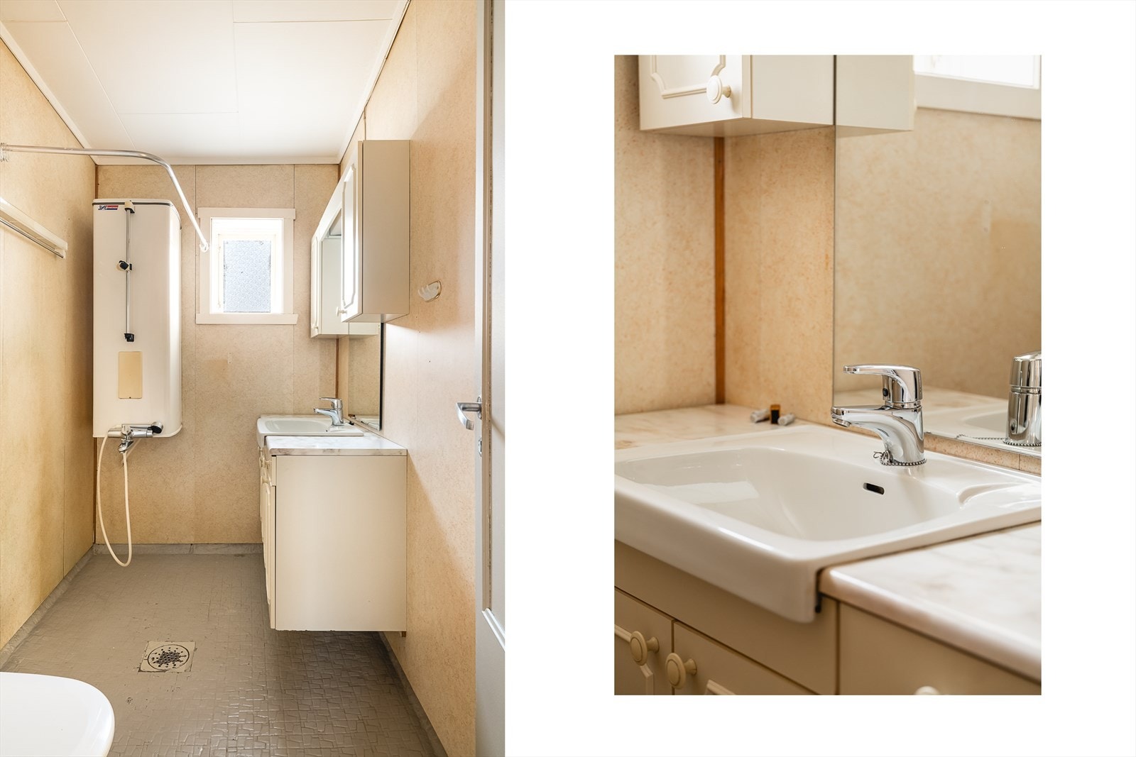 Leilighetens baderom har malte fliser på gulv, baderomsplater på vegger og platet himling. Innredet med dusjnisje med forheng, toalett og heldekkende servant med oppbevaring, speil og belysning. Galleribilde