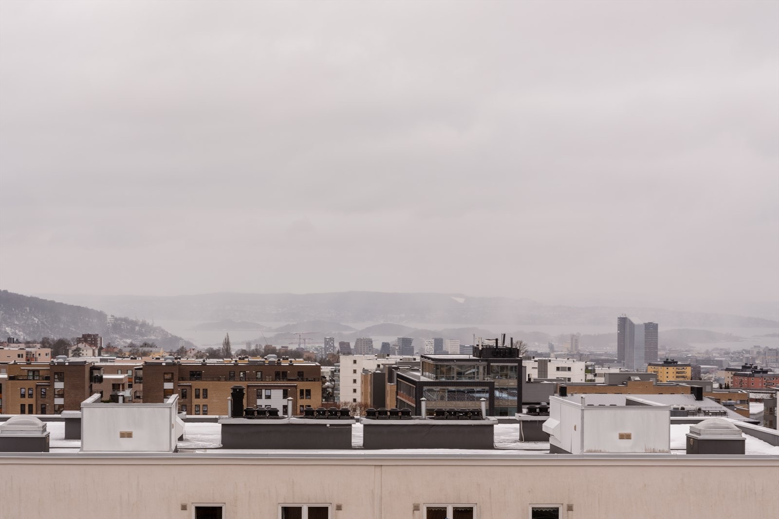 Fra fellesarealene på taket har man en åpen utsikt over nærområdet, byen og fjorden. Galleribilde