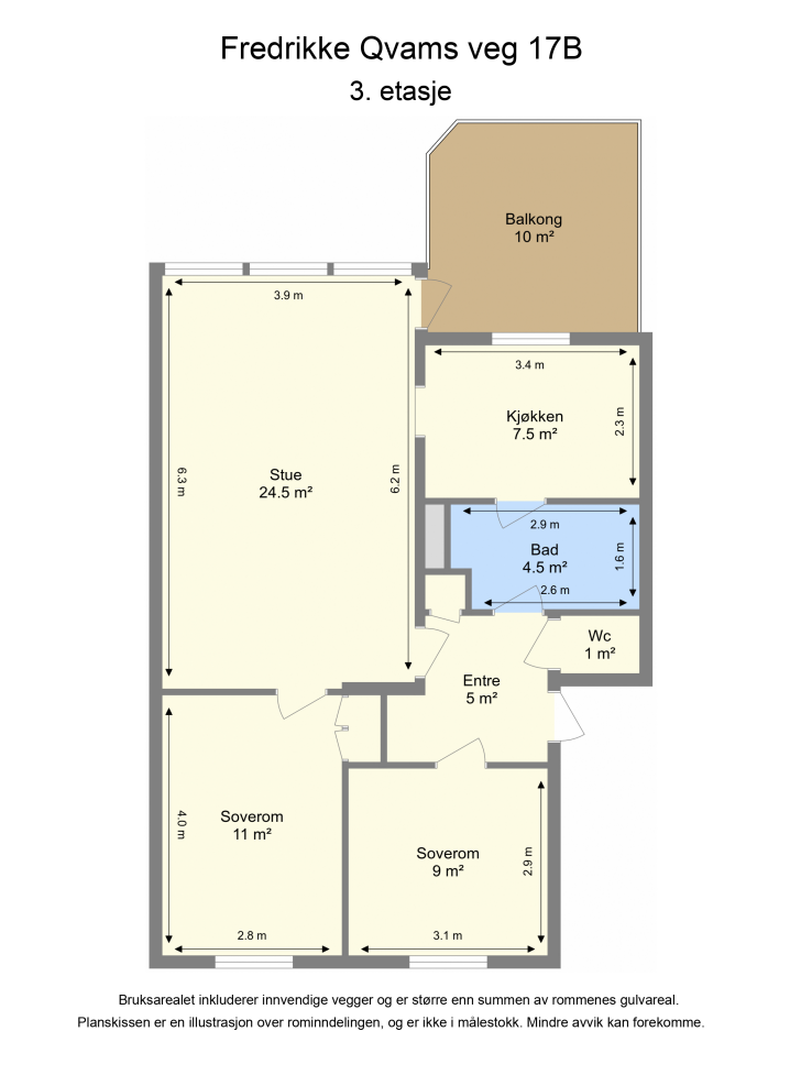 Leiligheten har svært god planløsning med romslige soverom, stue med opplegg for vedovn og adskilt kjøkken og stue. Utgang til stor balkong på 10 kvm. med sol gjennom store deler av dagen. Galleribilde