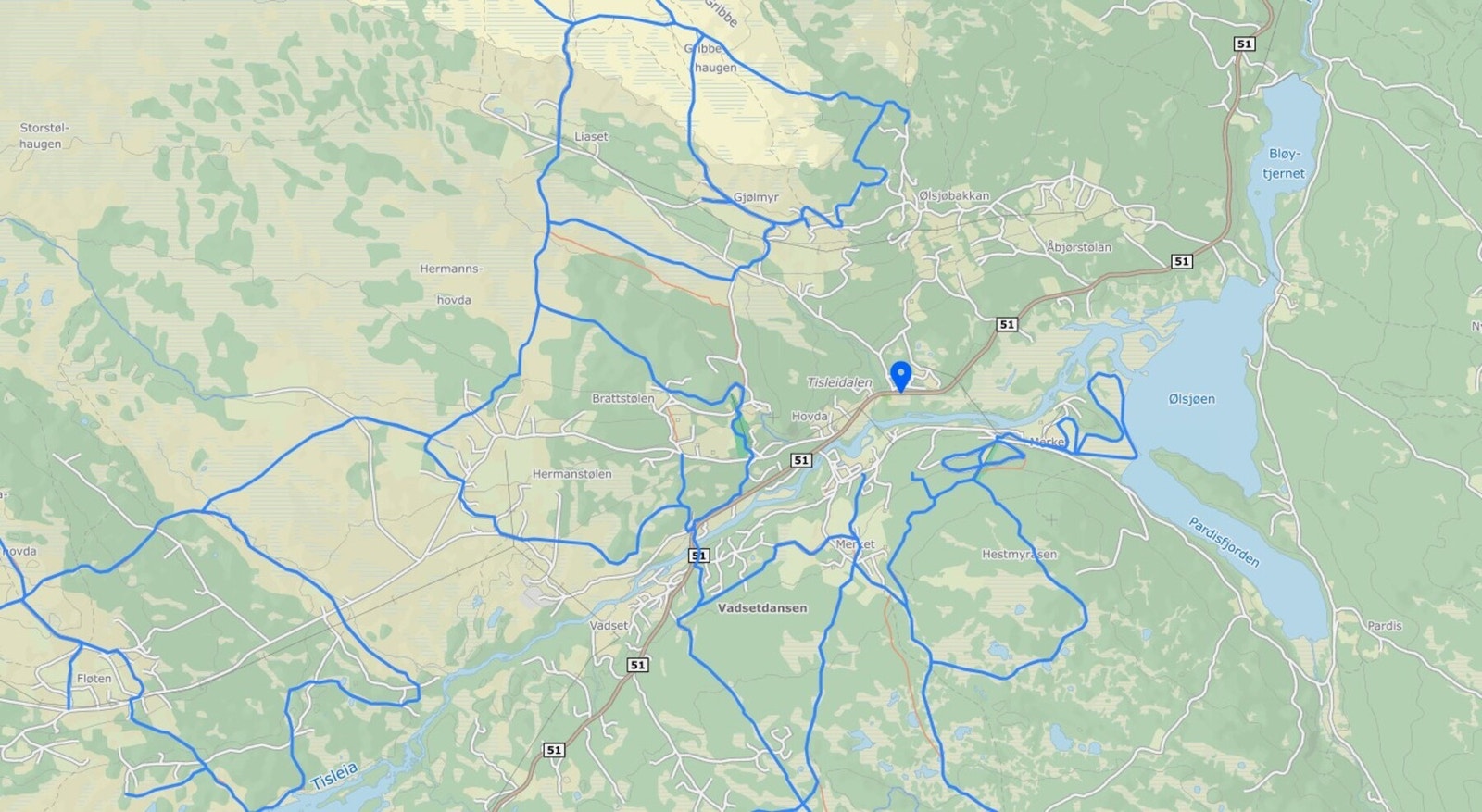 Oversikt over løypenettet i Tisleidalen. Galleribilde
