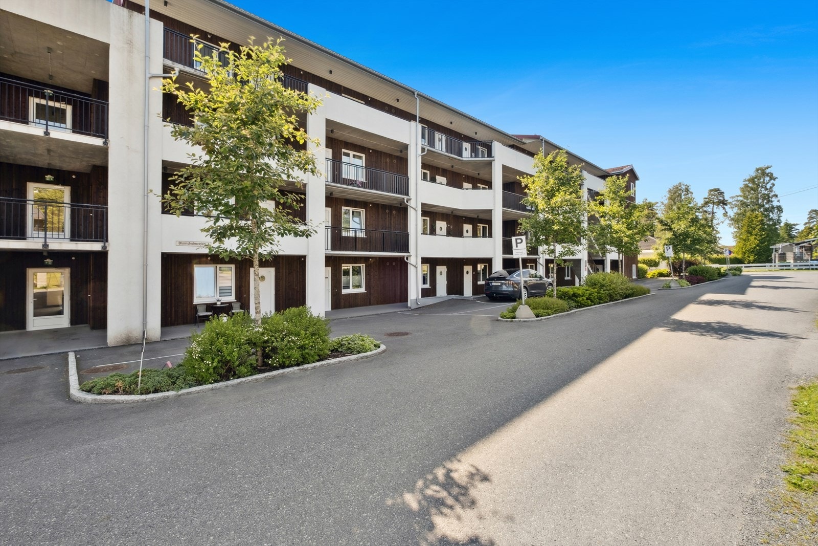 Fellesarealene er opparbeidet med asfalt, beplantning og plen. Galleribilde