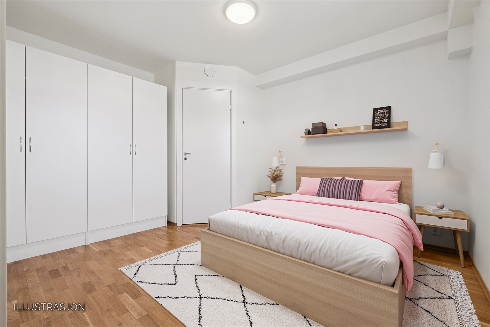 Det er rikelig med oppbevaring til klær i garderobeskapet, samt at det er tilgang til en bod for ytterligere oppbevaring. Digital møblering. Galleribilde