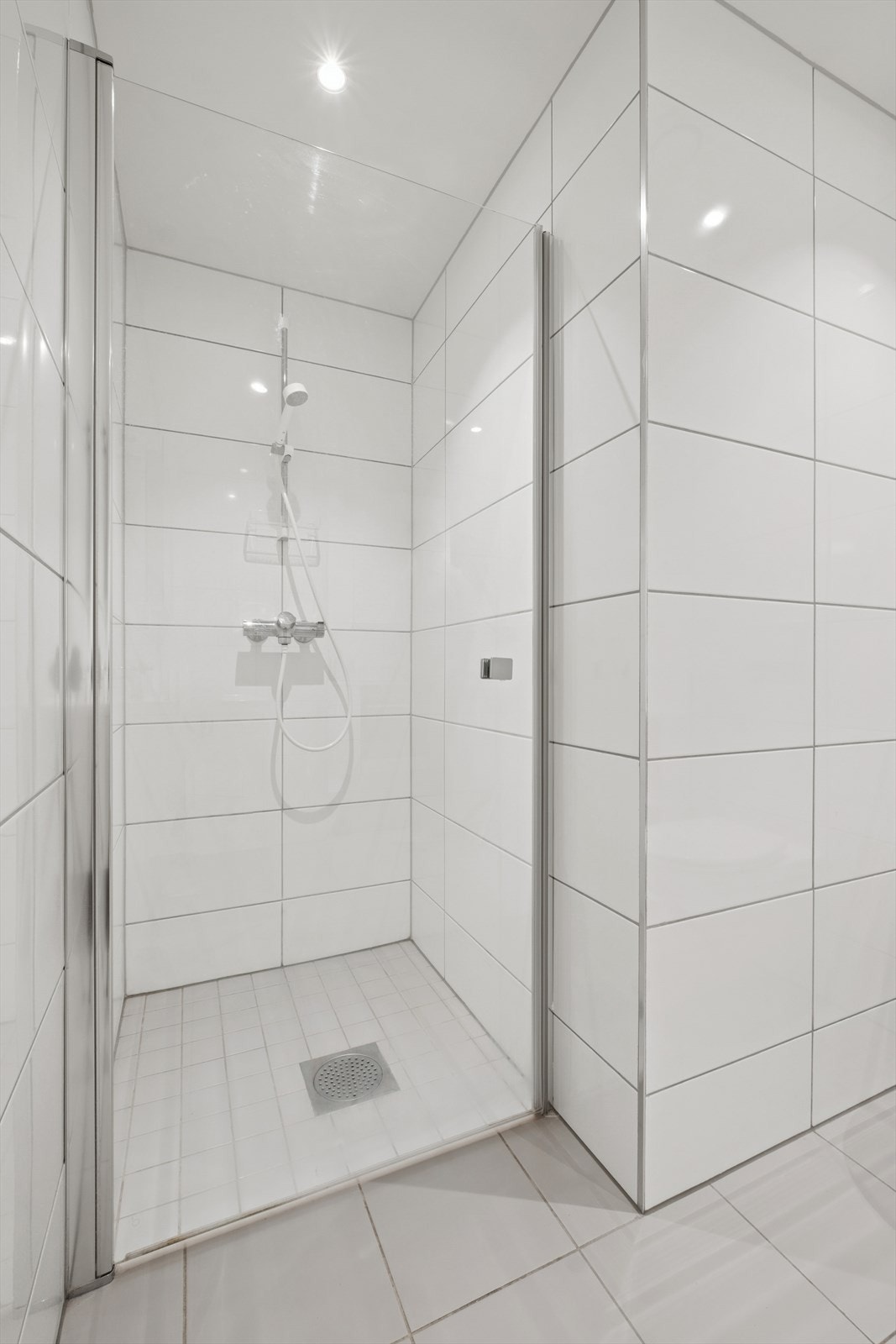 Dusjhjørnet har innfellbar glassdør og veggmontert dusjsett med hånddusj. Galleribilde